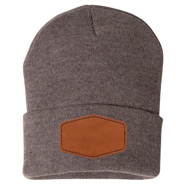 12" Solid Cuffed Beanie W/ Leather Patch Thumbnail